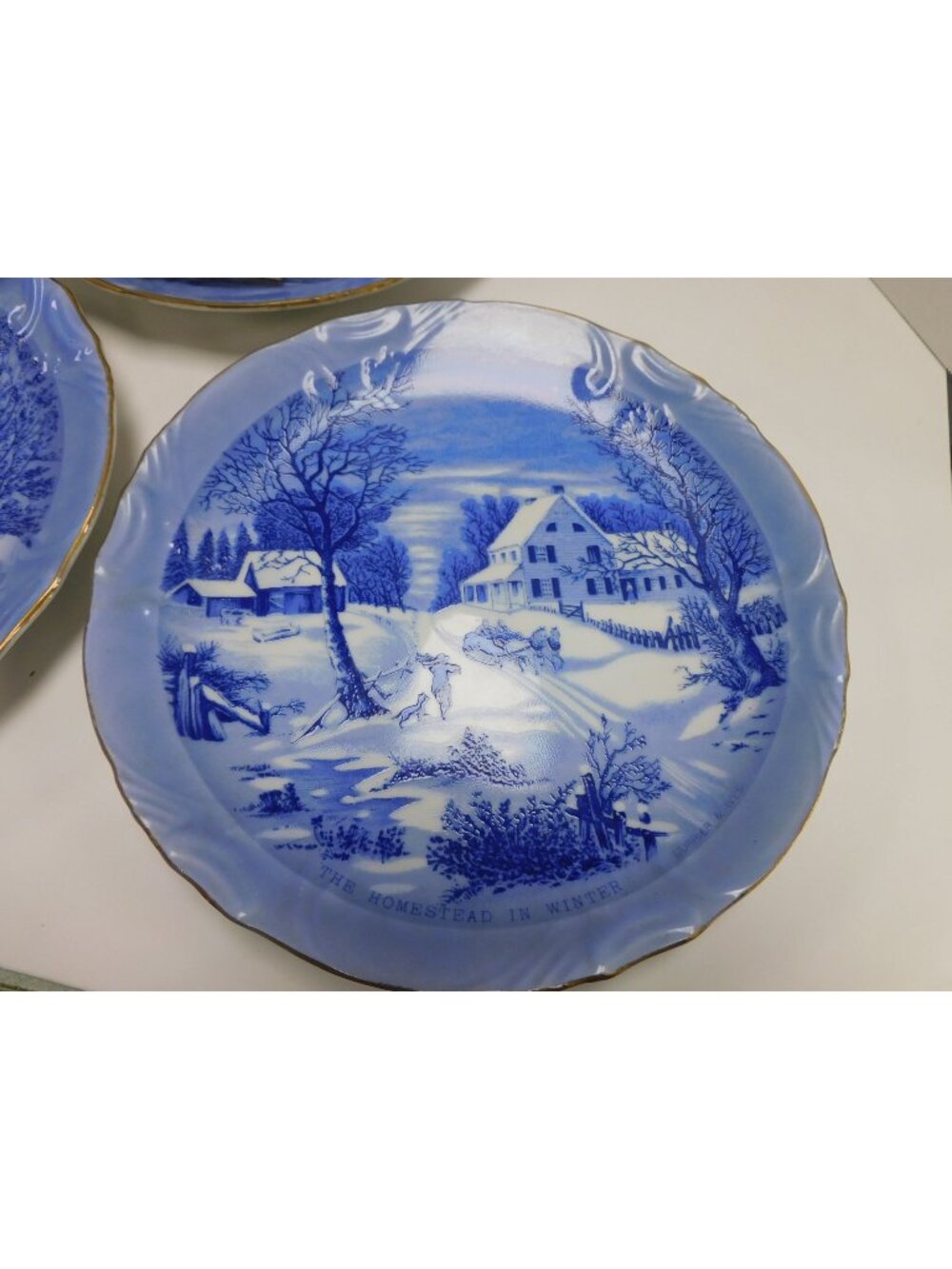 4 Currier & Ives old Homestead In Winter Blue & White Plates